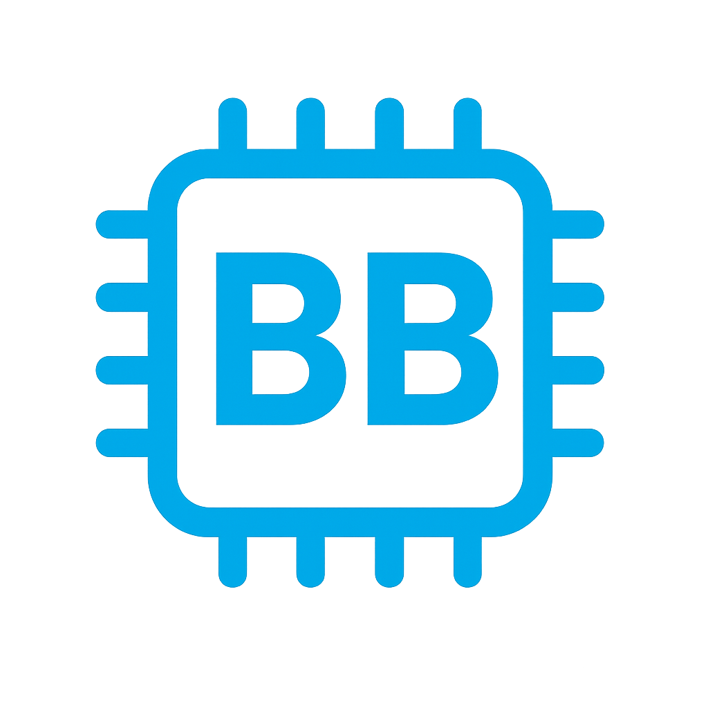 Glowing blue microchip icon with the letters BB in the center
