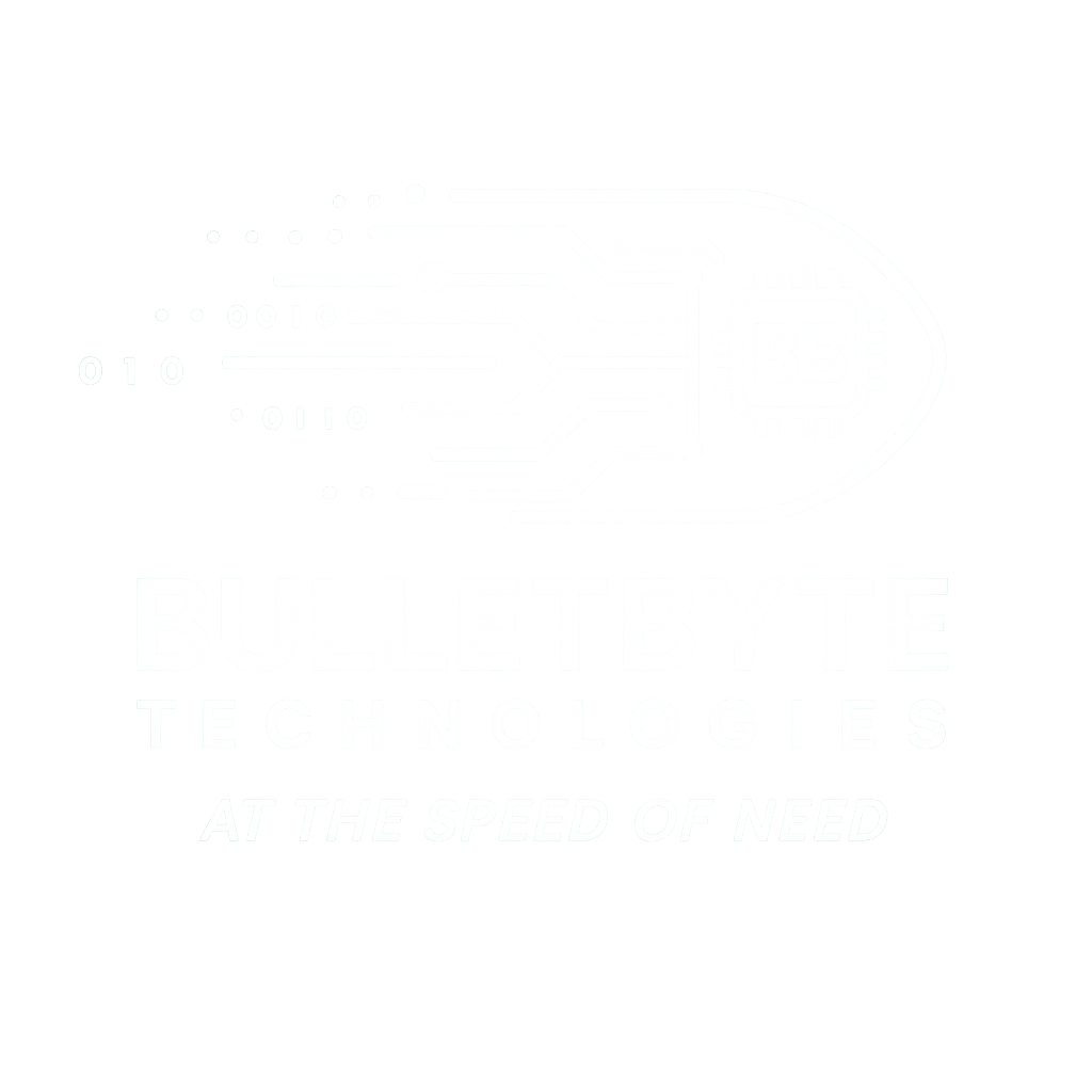 Bullet-shaped logo with circuit lines and a microchip containing the letters BB